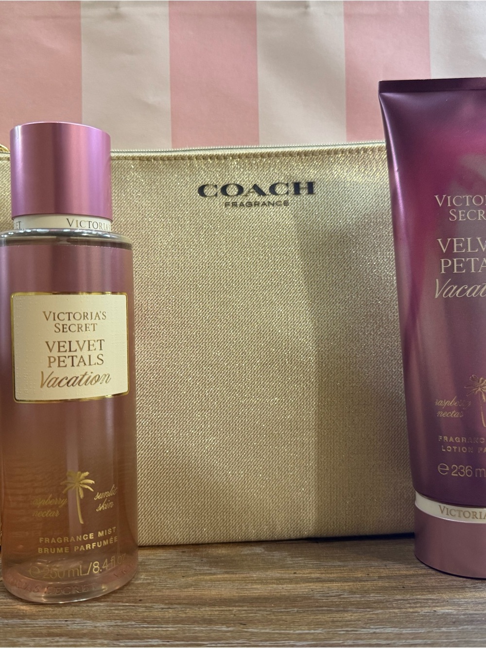 Coach Gold Cosmetic Pouch with Pink Bath & Body Set